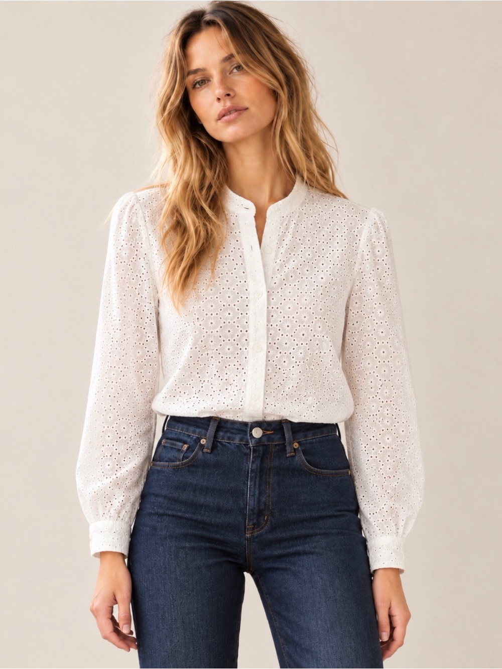 White Eyelet Cotton Mandarin Collar Blouse Long Sleeve XS-S
